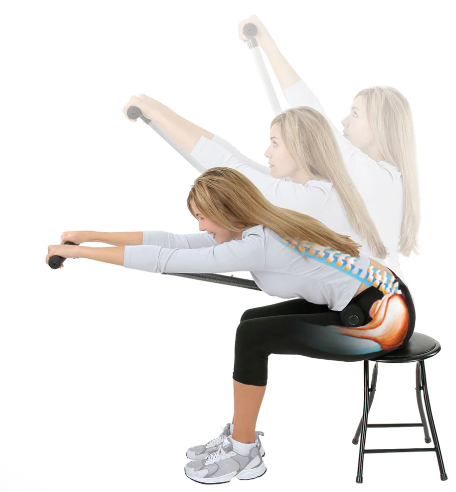 assorted desk exercise accessories including resistance bands and a balance board