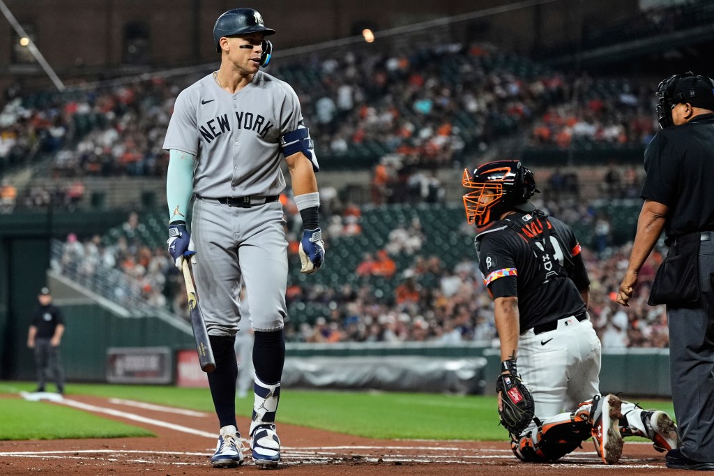 Aaron Judge reacts after striking out