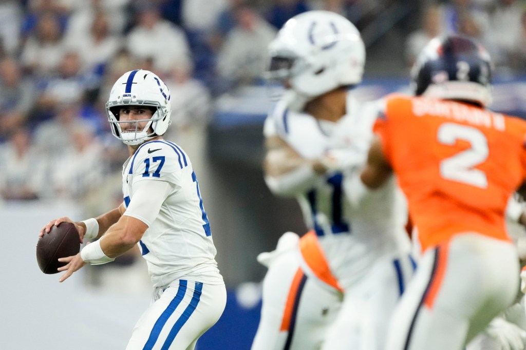 Daniel Jones looks to make a throw during the Colts’ win over the Broncos