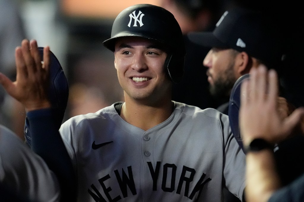 Anthony Volpe celebrates after scoring