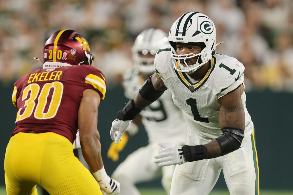 Micah Parsons after a play for the Packers