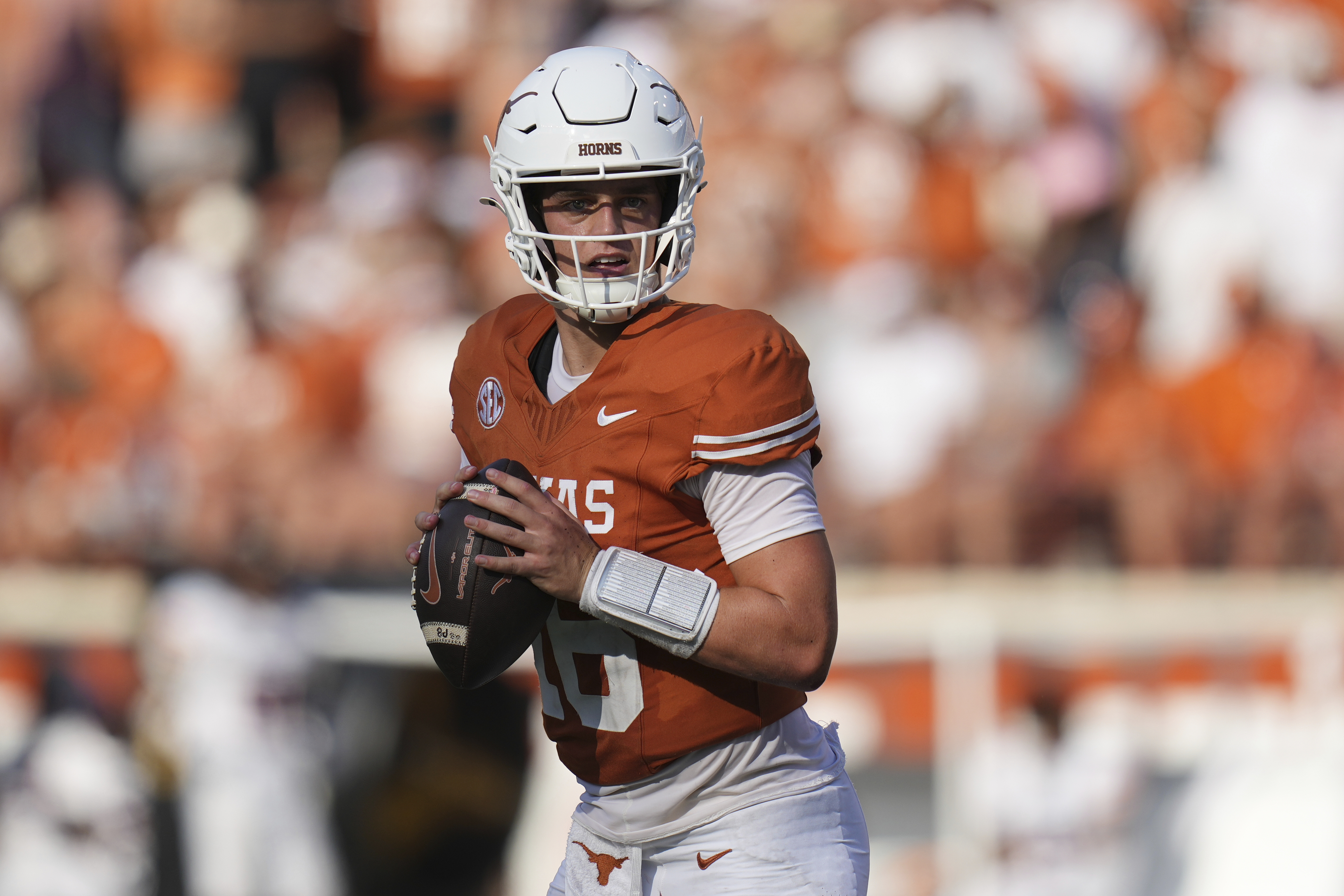 Arch Manning looks to pass during the second half of Texas’ 27-10 home win against UTEP on Sept. 13, 2025