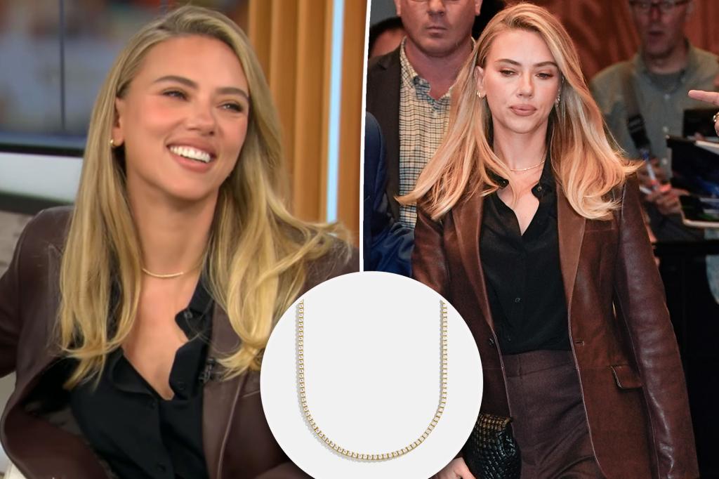 Scarlett Johansson Highlights Accessible Diamond Look With BaubleBar Tennis Necklace on CBS Mornings