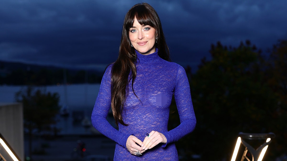 Dakota Johnson blue sheer dress full view