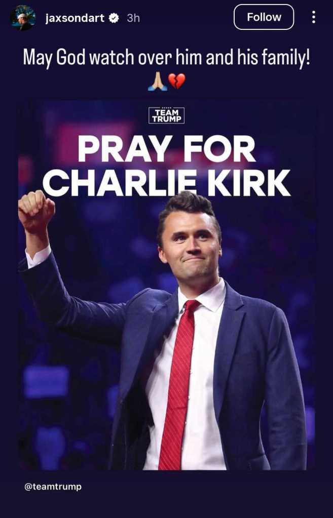 Screenshot of Jaxson Dart Instagram Story posts reacting to the shooting