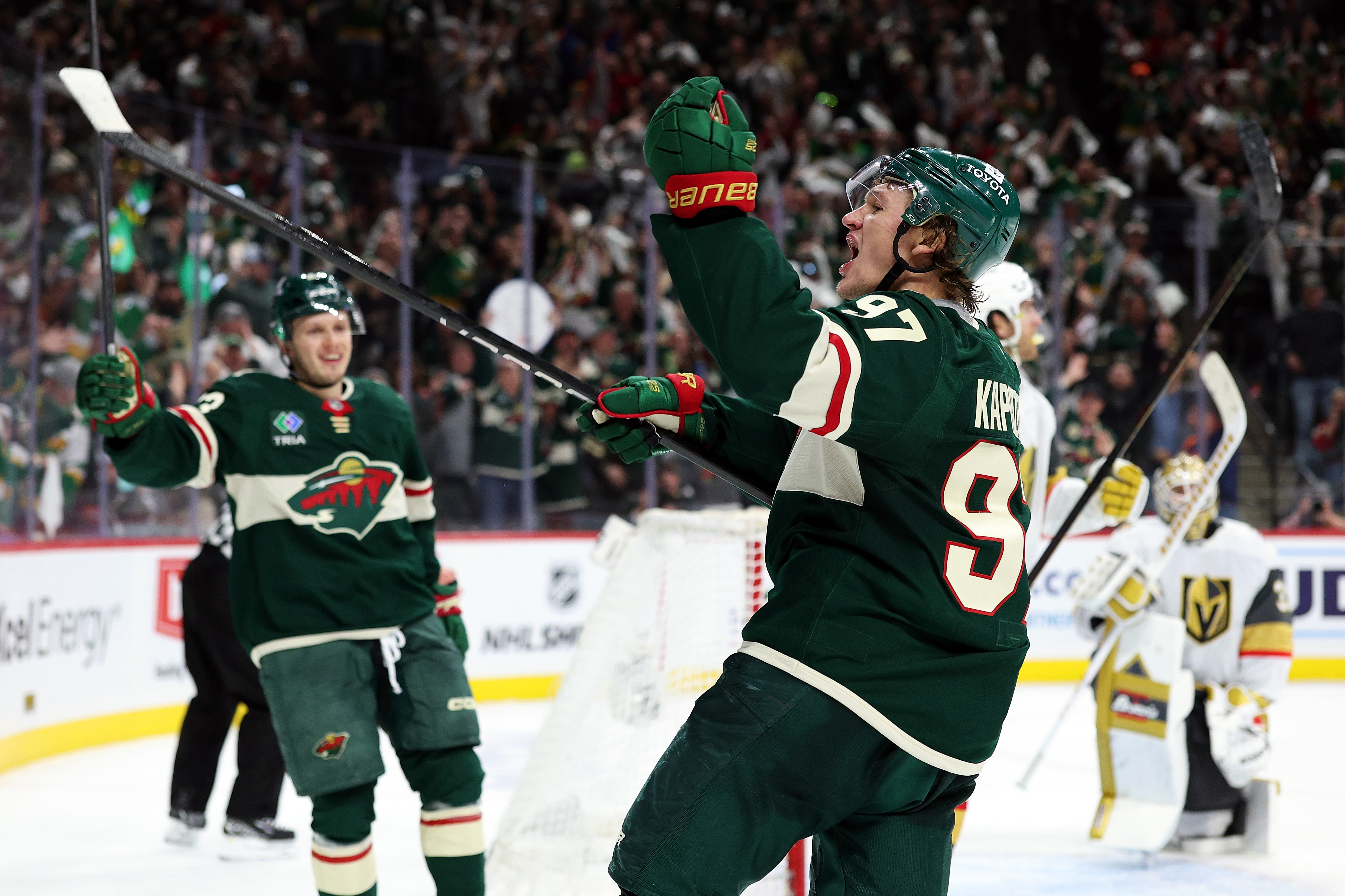 Kirill Kaprizov #97 of the Minnesota Wild celebrates his power-play goal