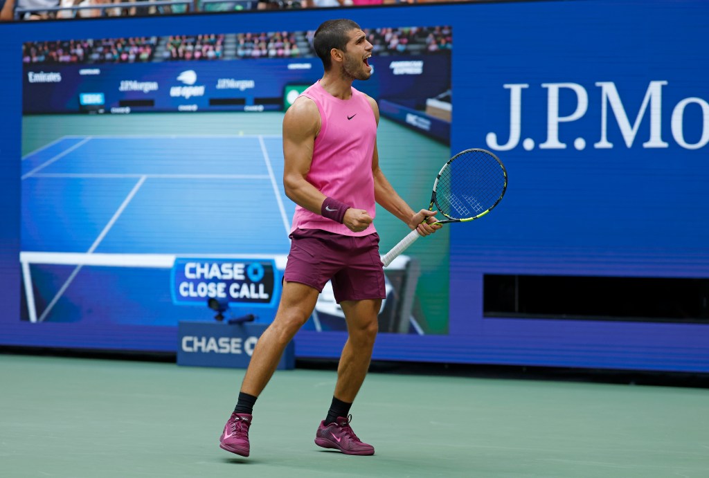 Alcaraz reacts during his U.S. Open match