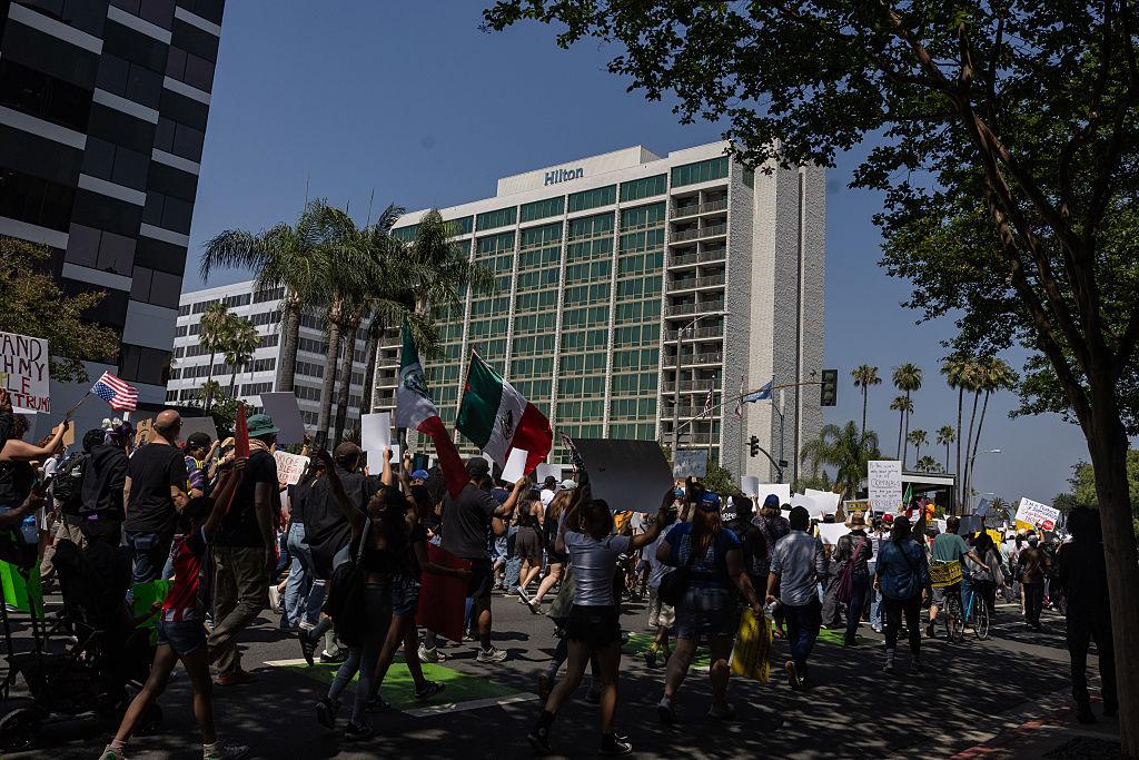 Demonstrators outside a hotel in Medford, Massachusetts during the anti-ICE protests
