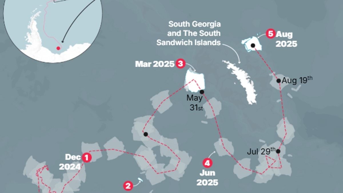 A23a megaberg rapidly disintegrating as it drifts into warmer South Atlantic waters