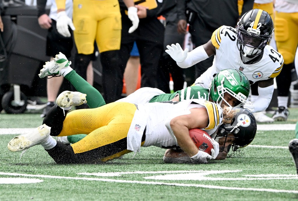 Xavier Gipson fumbles the ball allowing Steelers wide receiver Ben Skowronek to recover it during the fourth quarter