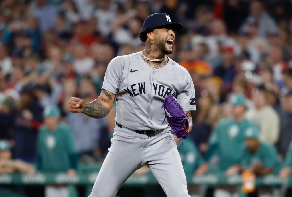 Luis Gil reacts after getting the final out of the fifth inning
