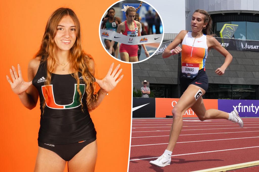 Natalie Dumas crossing the finish line