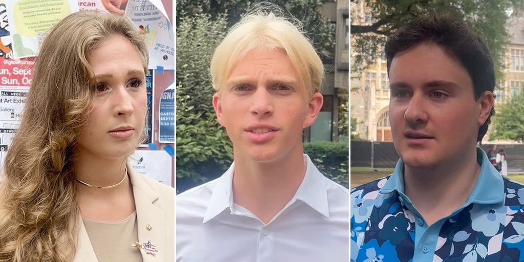 Georgetown campus with students, left, and the university mosque in the background
