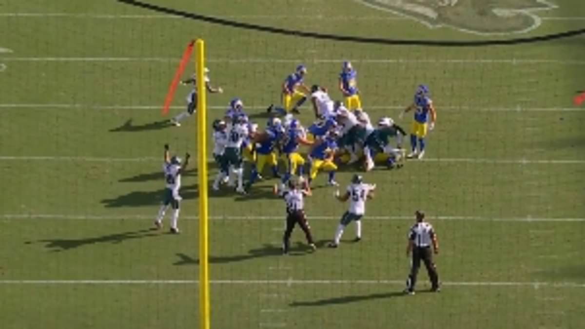 Eagles rally to beat Rams on walk-off blocked kick, stay undefeated at 3-0