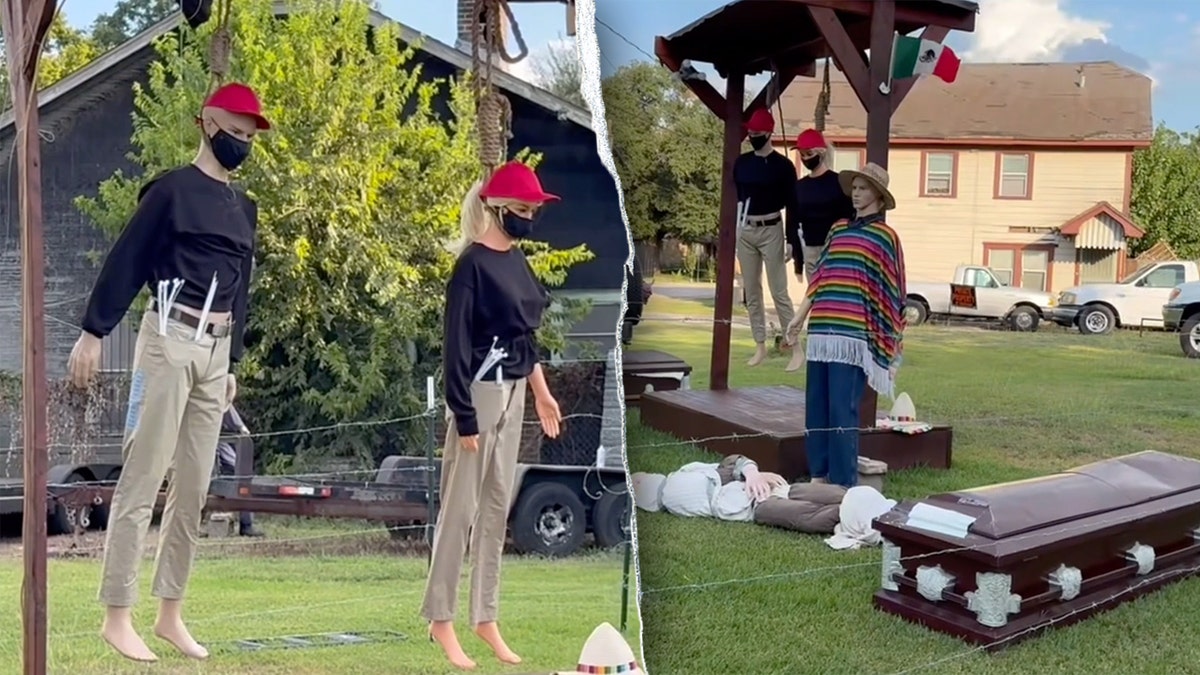 Houston Halloween display with MAGA hats hangs from gallows topped by Mexican flag sparks outrage in Second Ward