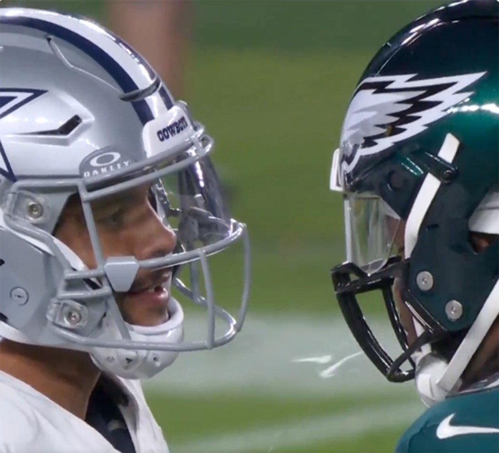 Jalen Carter being escorted off the field and Dak Prescott speaking to reporters