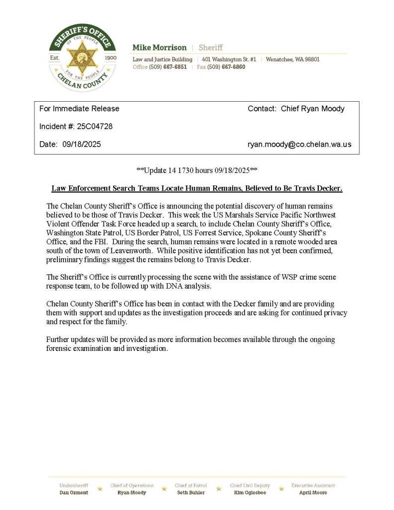 Authorities say remains found, believe Decker is deceased