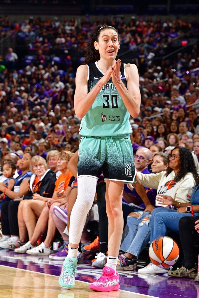 Breanna Stewart looks on during the Liberty-Mercury game on Sept. 14, 2025