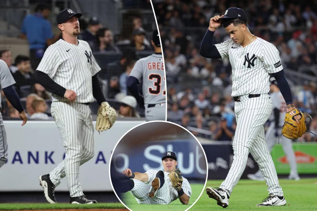 Yankees pitcher Fernando Cruz walks off the field after being removed in the seventh