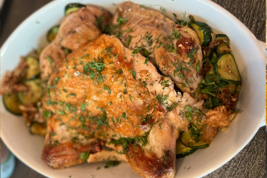 Cooked chicken in cast iron