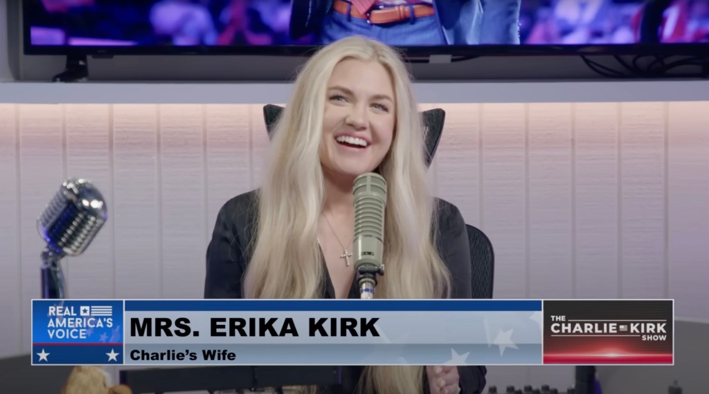 Grieving Erika Kirk during memorial service