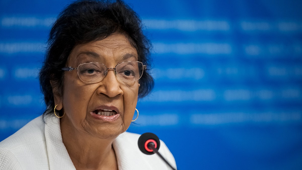 Navi Pillay, chair of the COI, speaks during a press conference in Geneva