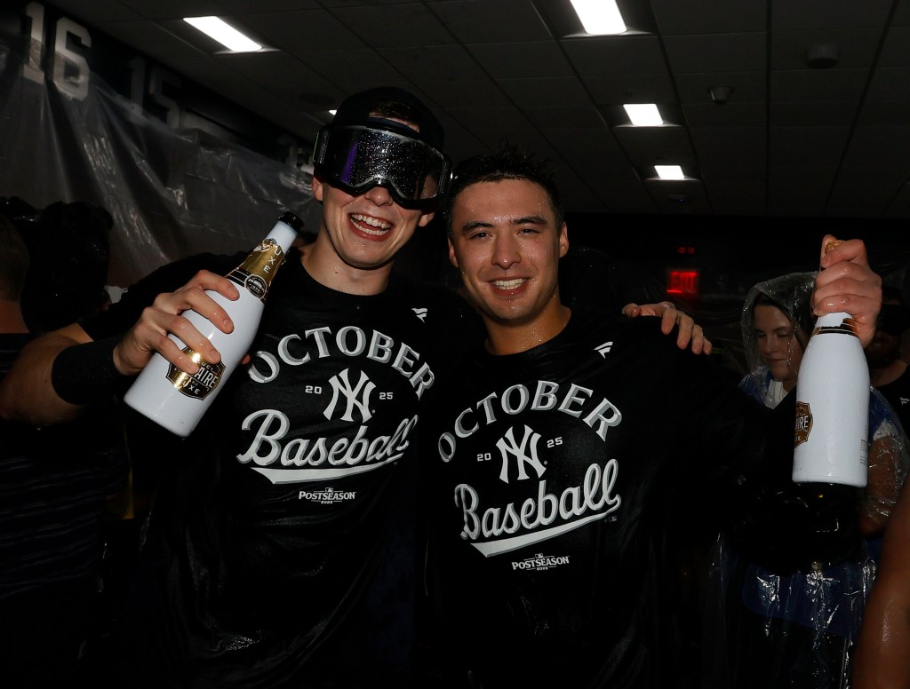 Judge celebrates in clubhouse after playoff clinch