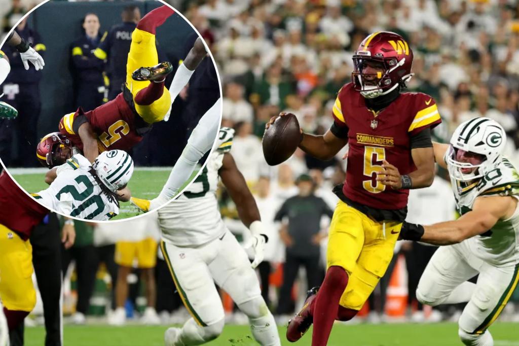 Commanders quarterback reacts after the game