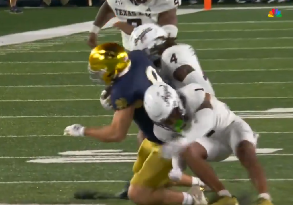 Anderson is tended to by trainers after suffering an injury during the Texas A&M-Notre Dame game on Sept. 13, 2025.