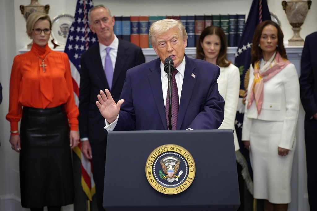U.S. President Donald Trump speaks at a gathering