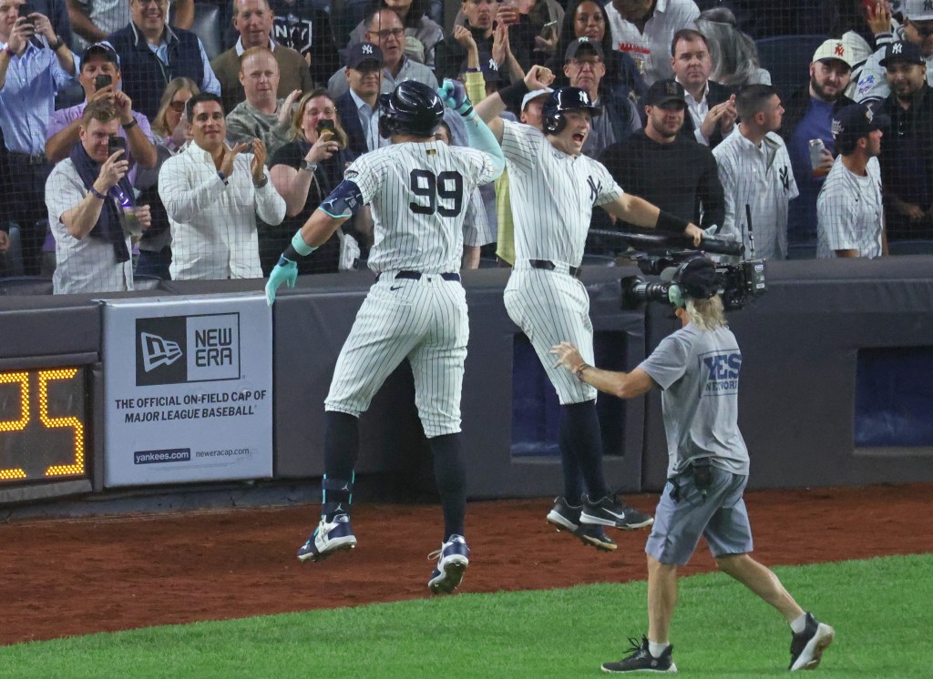 Aaron Judge celebrates after his home run
