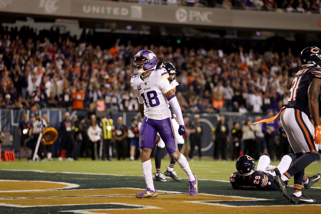 Justin Jefferson celebrates a touchdown during the Vikings’ win over the Bears on Sept. 8