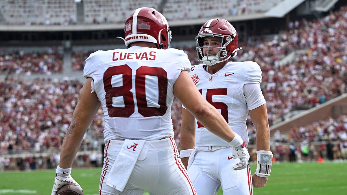 Alabama quarterback Ty Simpson drops back to pass