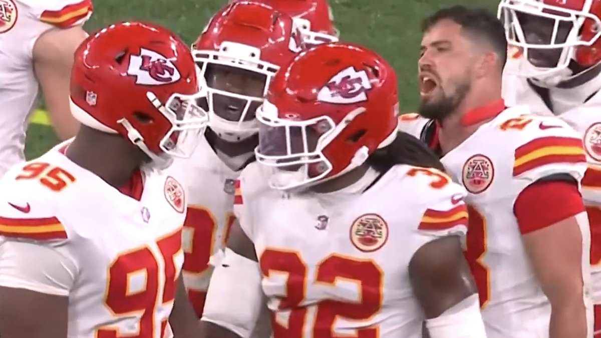 Chiefs teammates Chris Jones and Drue Tranquill shout at each other during season-opening loss in Brazil