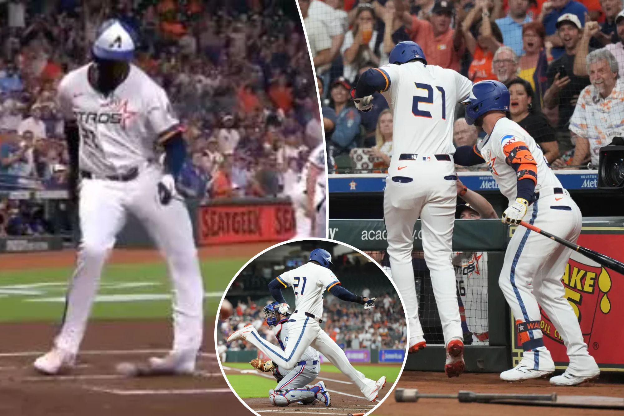 Alvarez reacts after injuring his ankle during the Astros-Rangers game