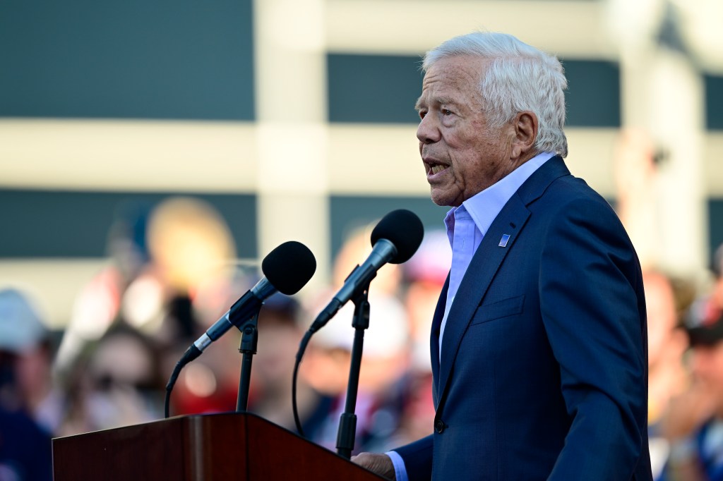 Robert Kraft speaks during a Patriots ceremony