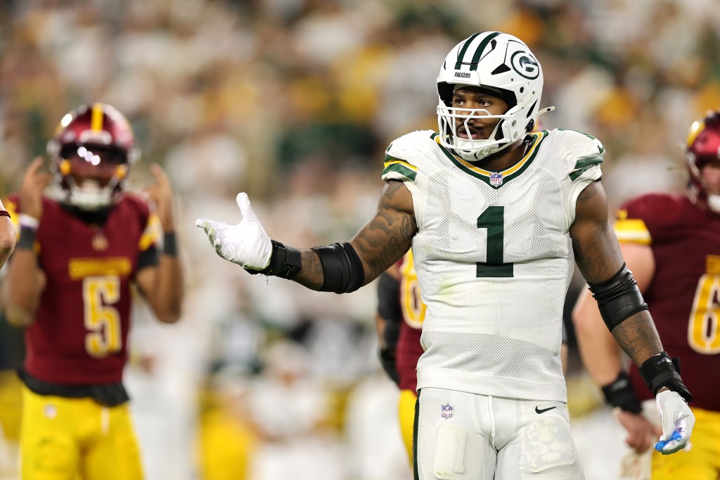 Micah Parsons celebrates after the Packers’ win