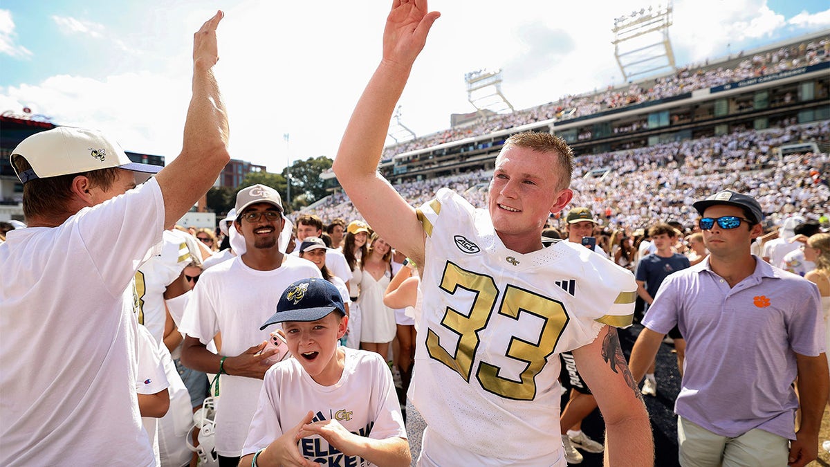 Georgia Tech place kicker Aidan Birr reacts after his game-winning field goal