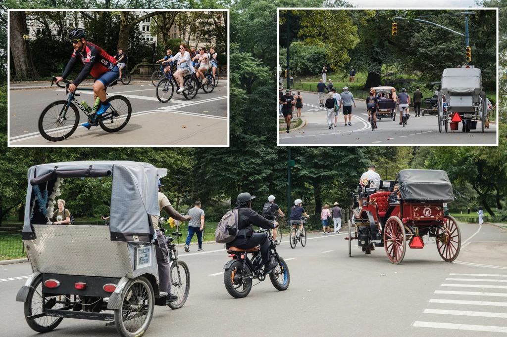Park street scene with riders and carriages