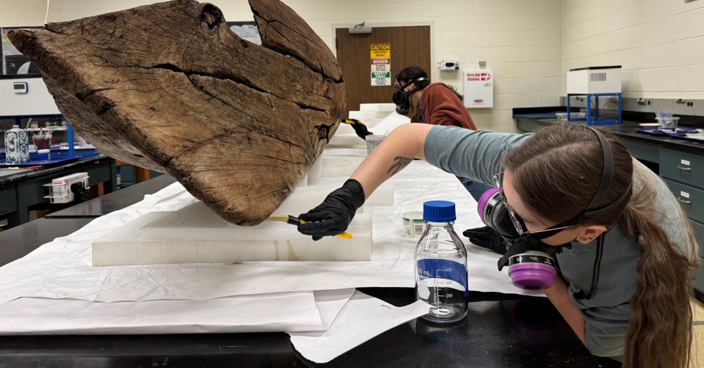 Archaeologists examining the canoe