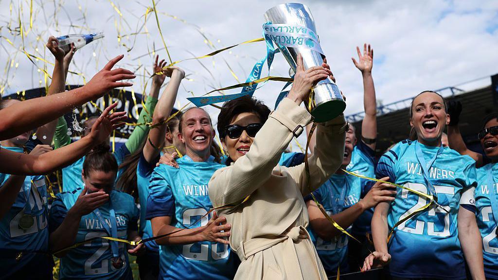 London City Lionesses players celebrate winning promotion to the WSL
