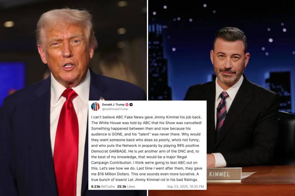 Trump threatens to sue ABC over Jimmy Kimmel’s sudden return to air