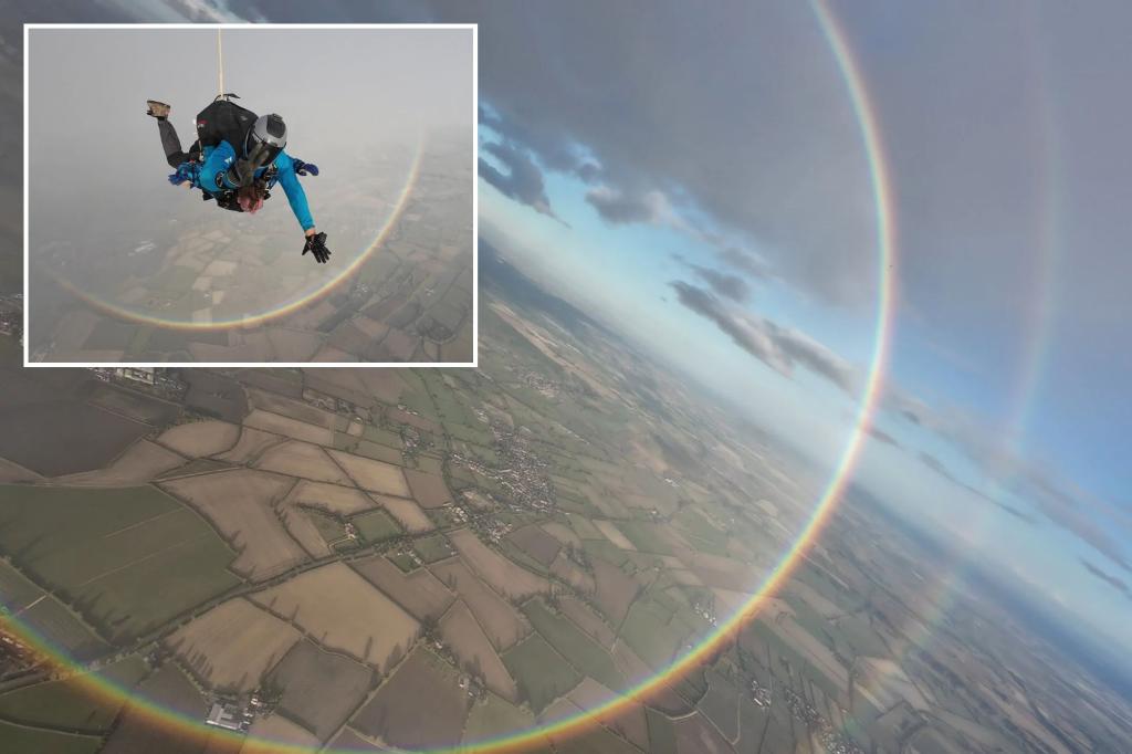 Rare circular rainbow captured by skydivers over Nottinghamshire
