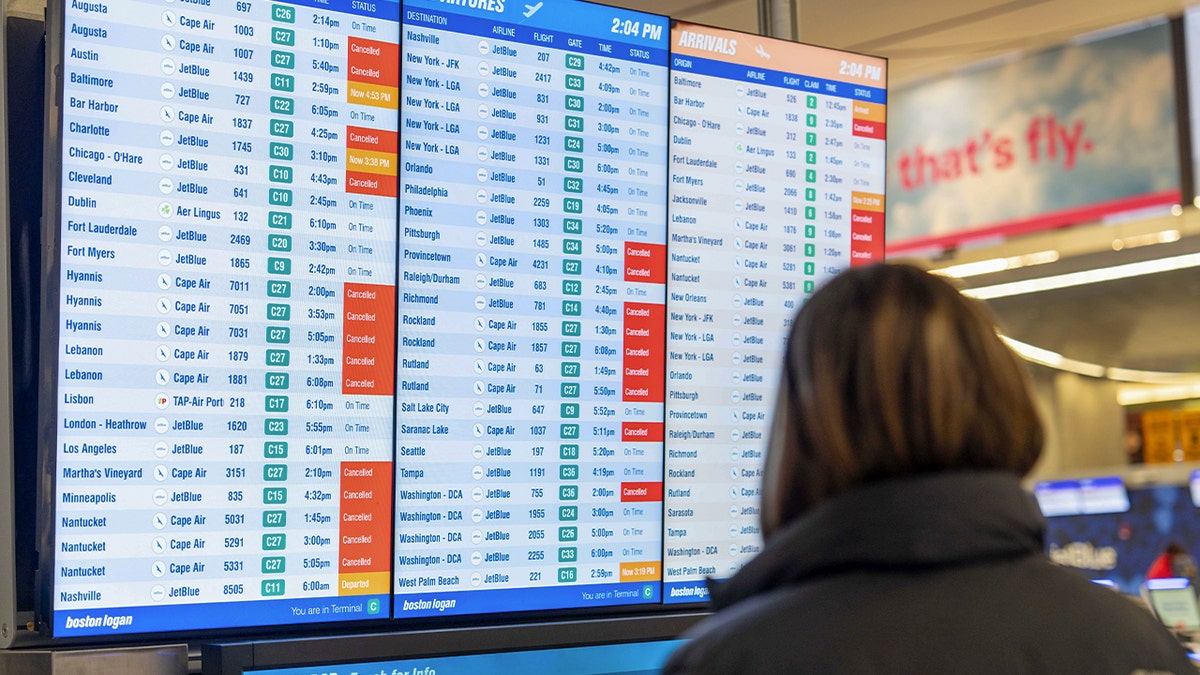 Passengers check flights at Boston Logan International Airport