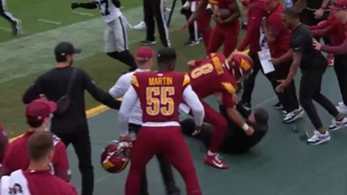 Washington Commanders coach Dan Quinn left bloodied after collision with own quarterback during Raiders game