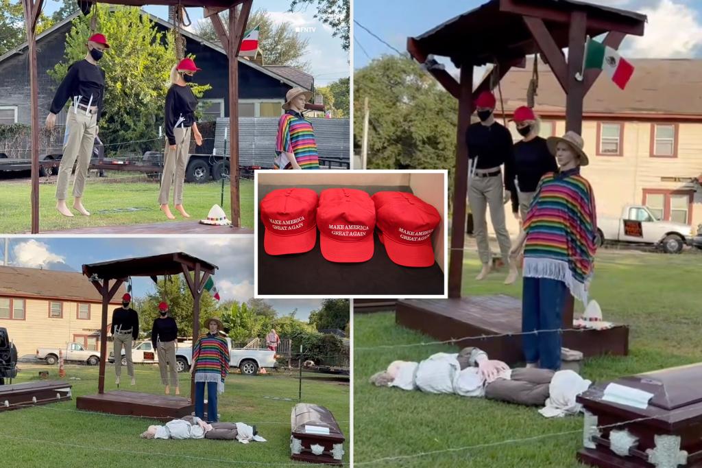 Halloween display in Houston draws outrage over MAGA-hat mannequins and Mexican flag