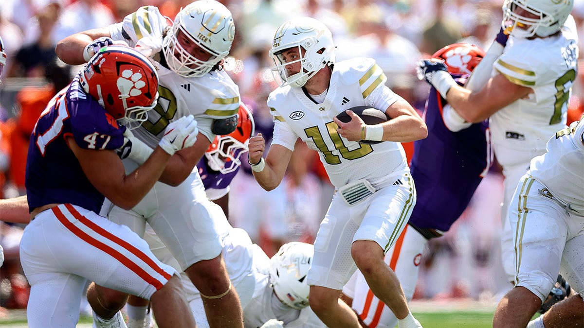Georgia Tech quarterback Haynes King runs against Clemson