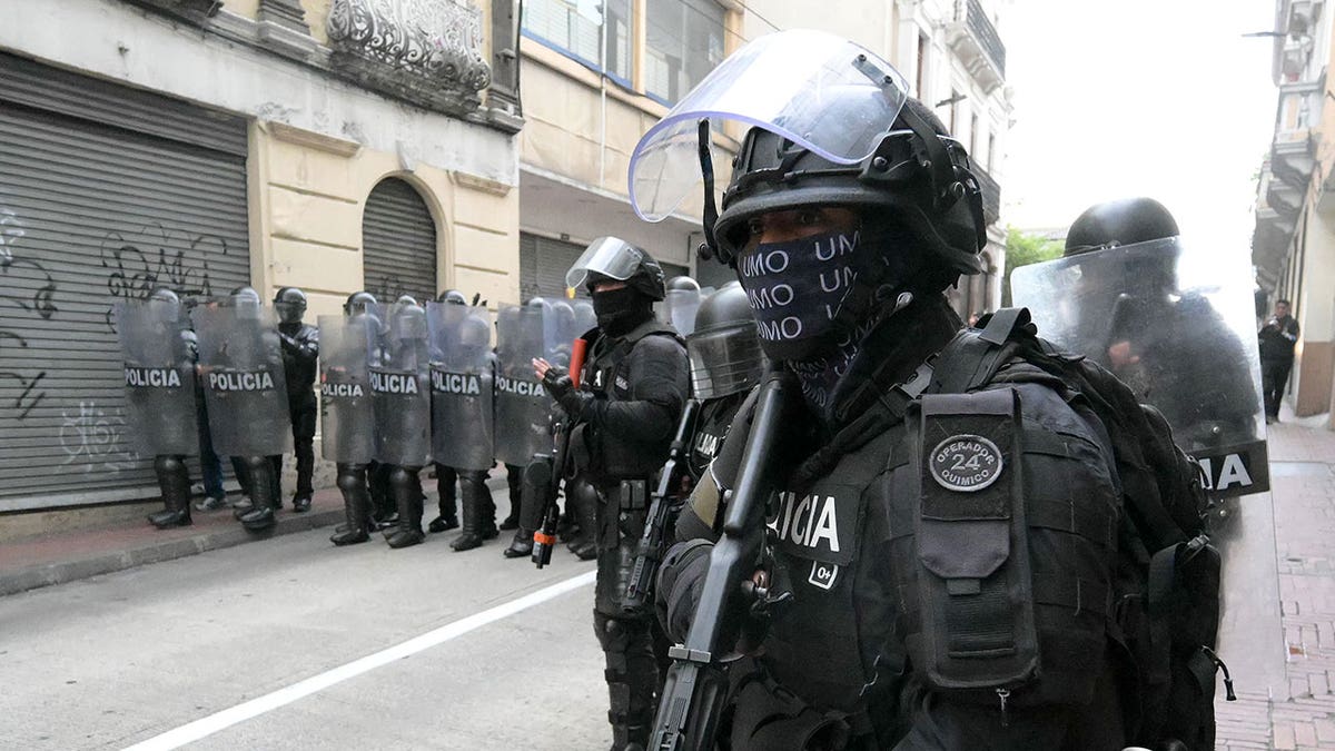 Riot police stand guard amid protests in Quito