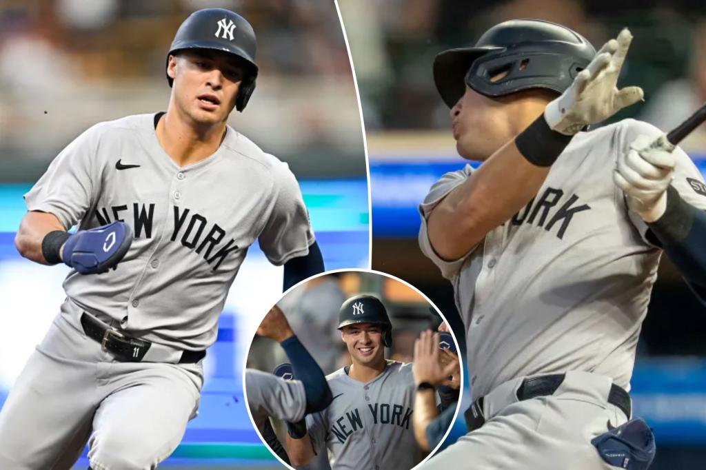 Volpe celebrates after scoring in the Yankees' 10-9 win over the Twins