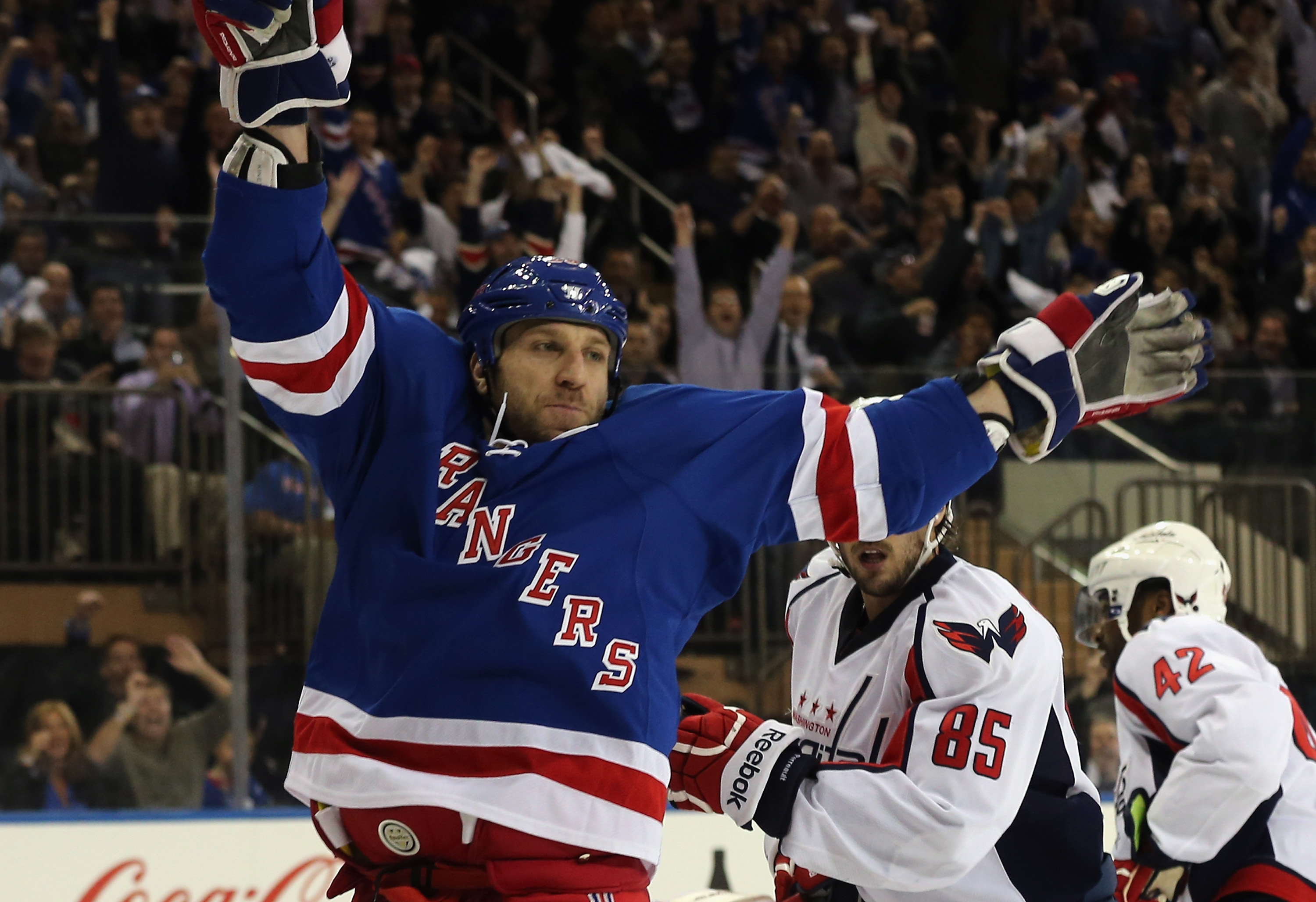 Rangers celebrate during a playoff moment